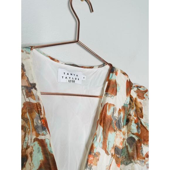 TANYA TAYLOR Floral Brown White Wrap Ruffle Sleeves Floral Blaire Dress Size 4 - Picture 10 of 13
